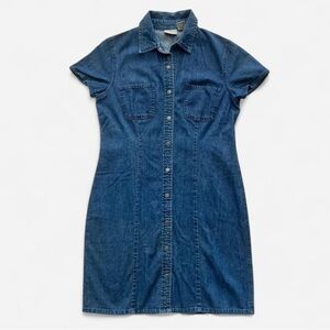 L.L. Bean Blue Denim Jean Short Sleeve Mini Dress Snap Buttons Cotton